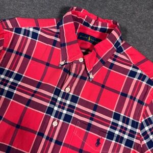 Ralph Lauren Button Down Shirt Mens Medium Red Plaid Short Sleeve Oxford Preppy